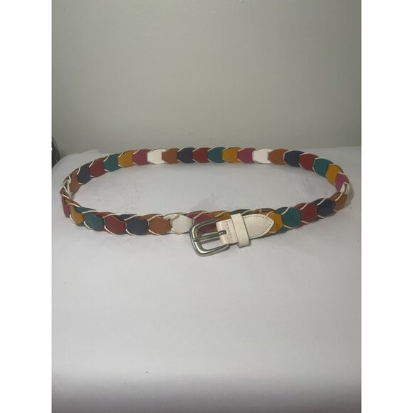 Braided Belt With Silver Buckle Multicolor Genuine Leather - Picture 1 of 7